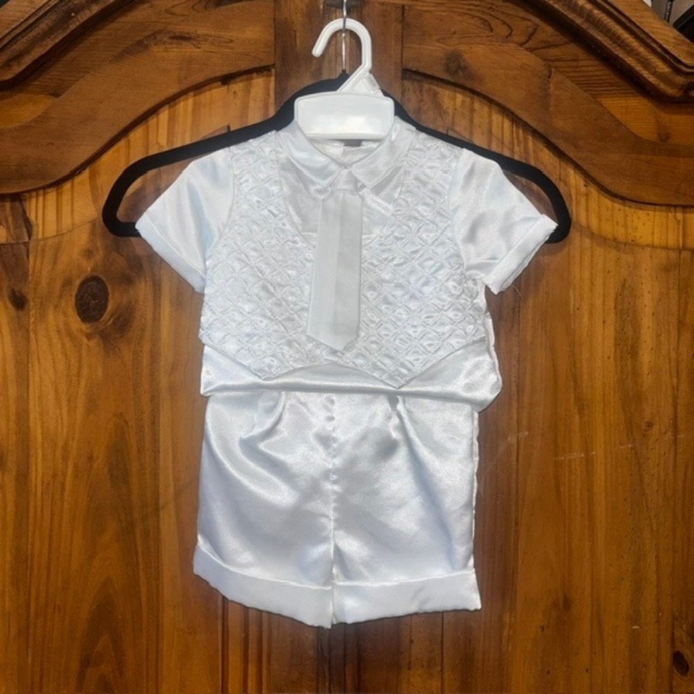 Baby Boy White Baptism Christening Formal Suit 3pc Set Vest Tie Shorts 9-12M